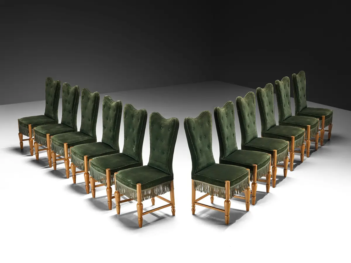 1940S Mid-Century Modern Set Of Twelve Dining Chairs In Velvet And Walnut 1