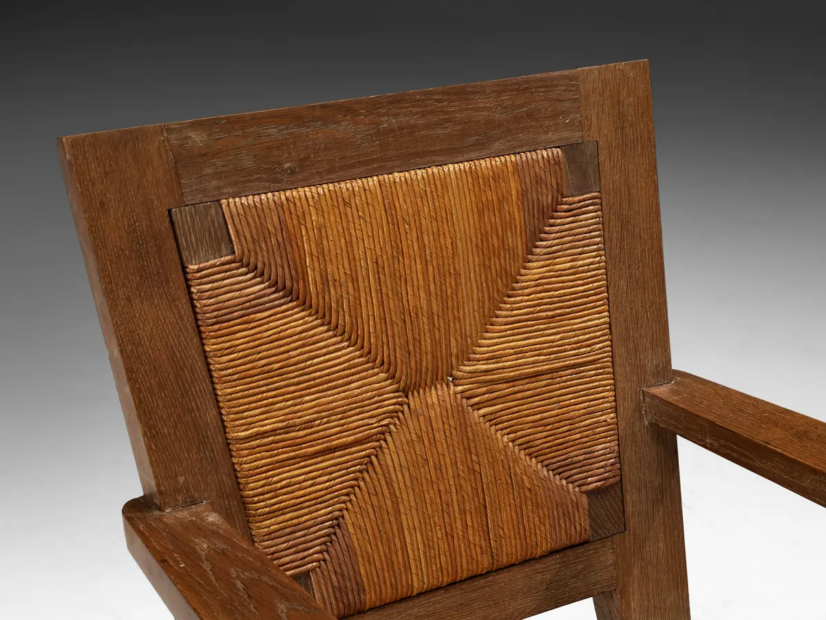Art Deco French Monumental Armchairs In Oak And Rush 2
