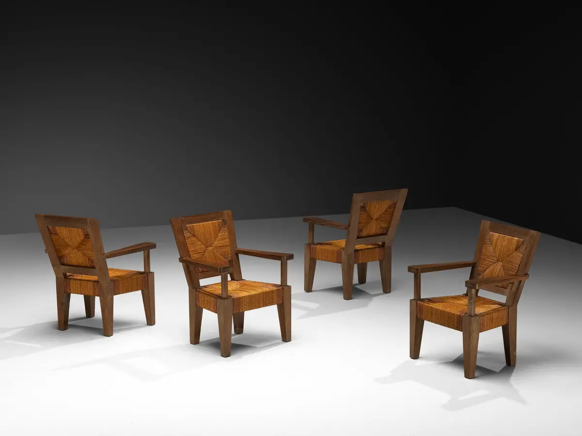 Art Deco French Monumental Armchairs In Oak And Rush 1
