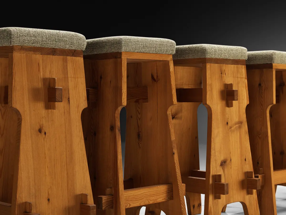 Mid-Century Bar Stools In Pine And Soft Green Fabric 1