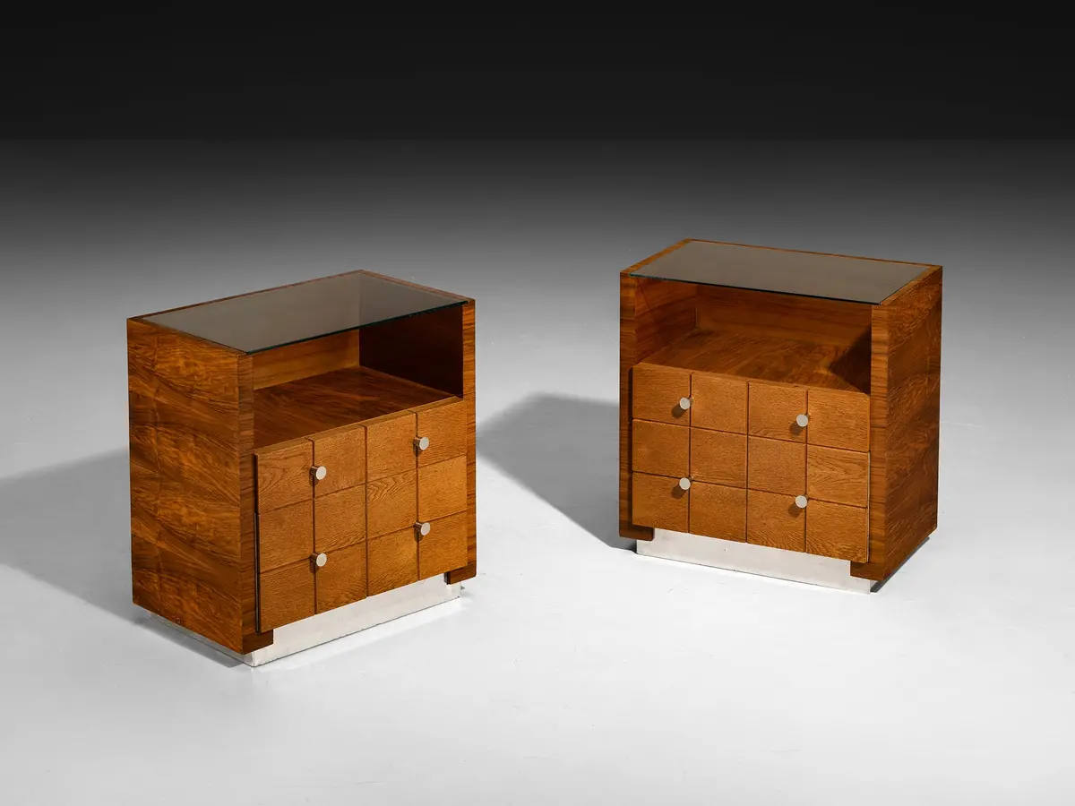 1930S Rationalist Pair Of Night Stands In Oak, Walnut And Metal 1