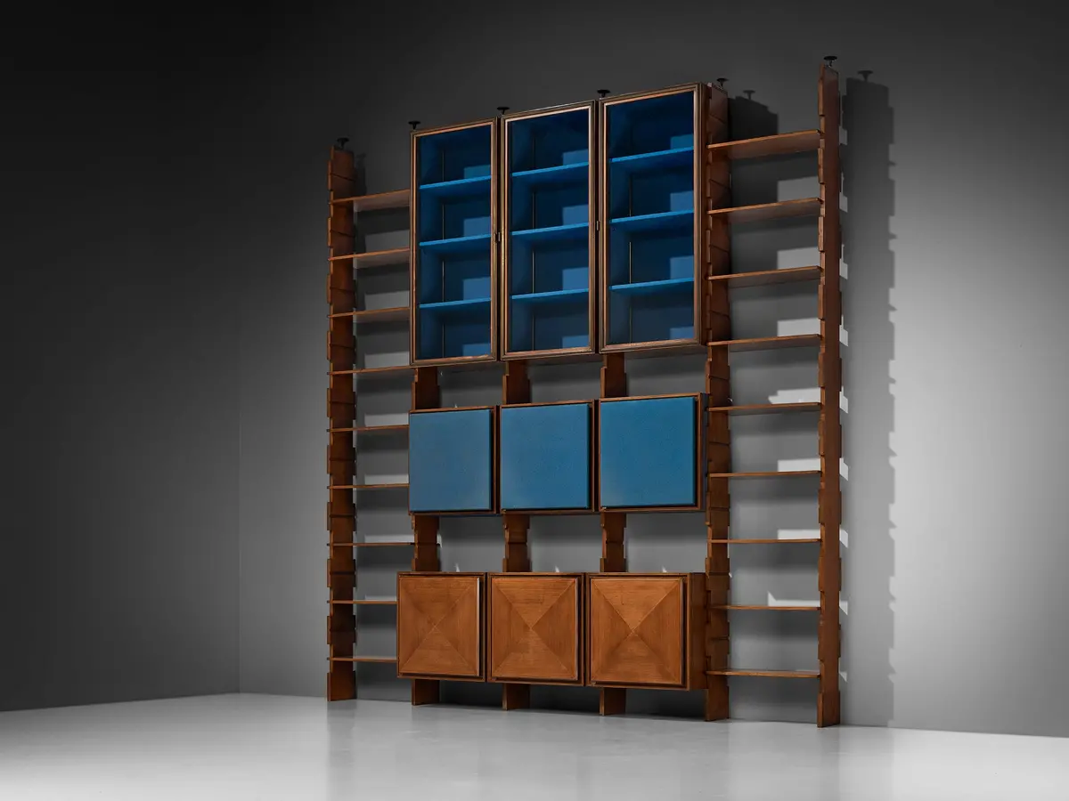 Mid-Century Italian Grand Wall Unit In Walnut With Blue Accents 1