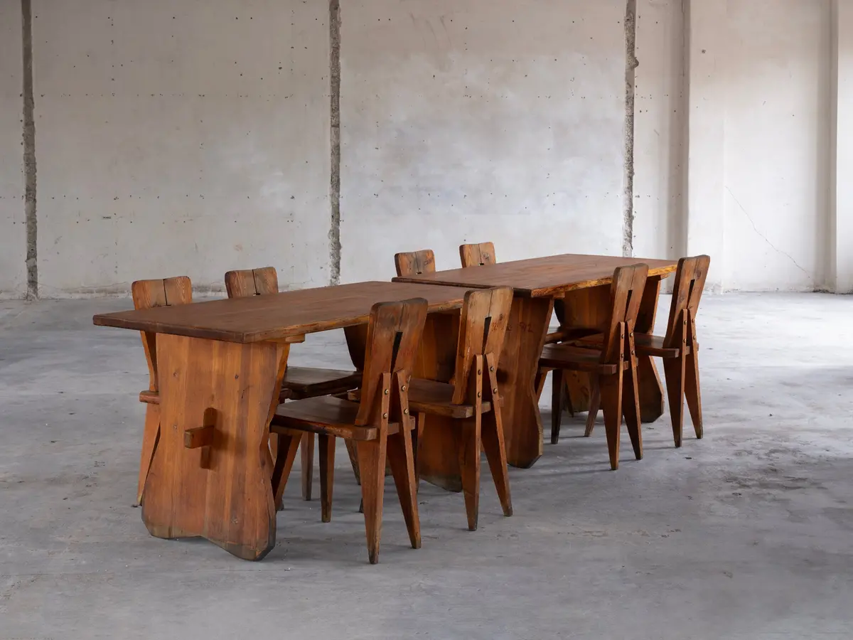 1950S Sculptural French Chalet Set Of Carved Tables And Chairs In Solid Pine 1