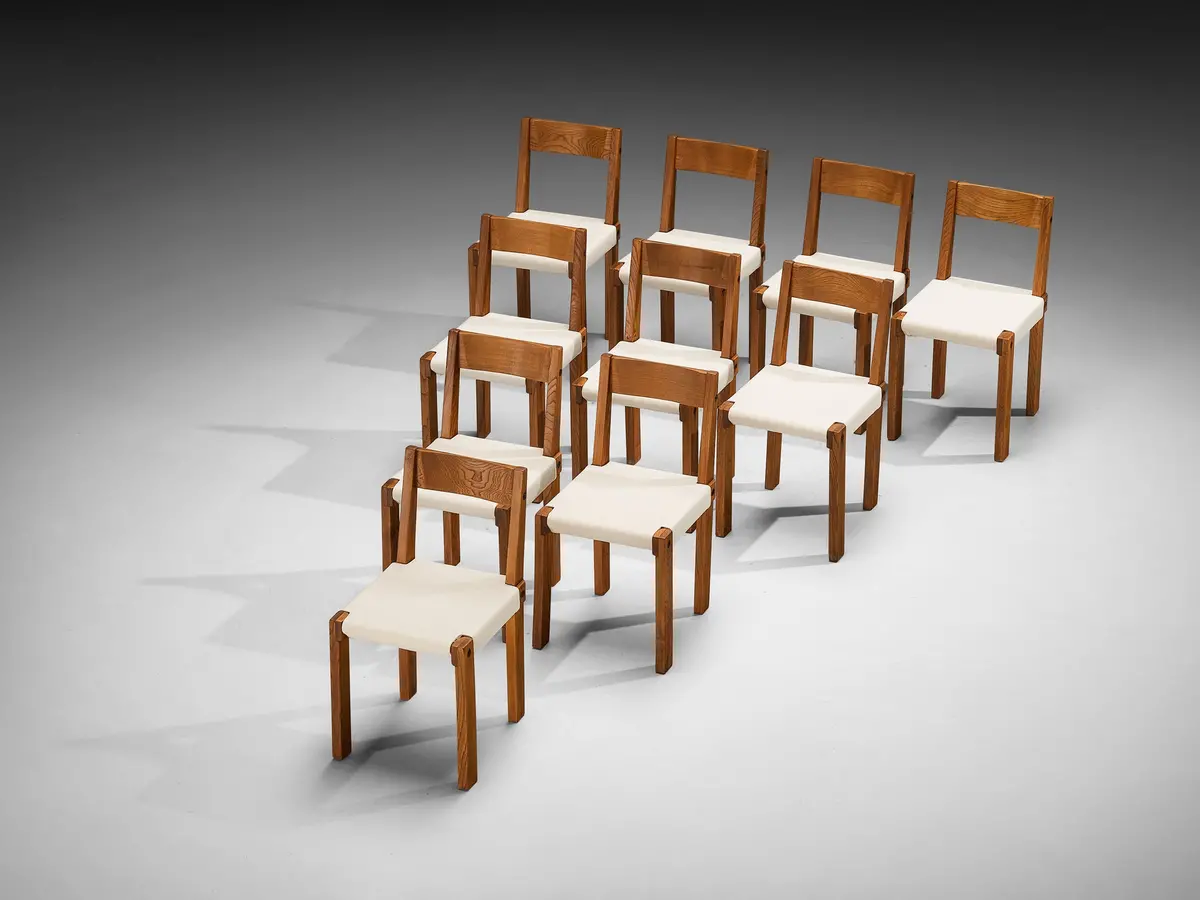 Pierre Chapo Set Of Ten 'S24' Dining Chairs In Elm And Canvas 1