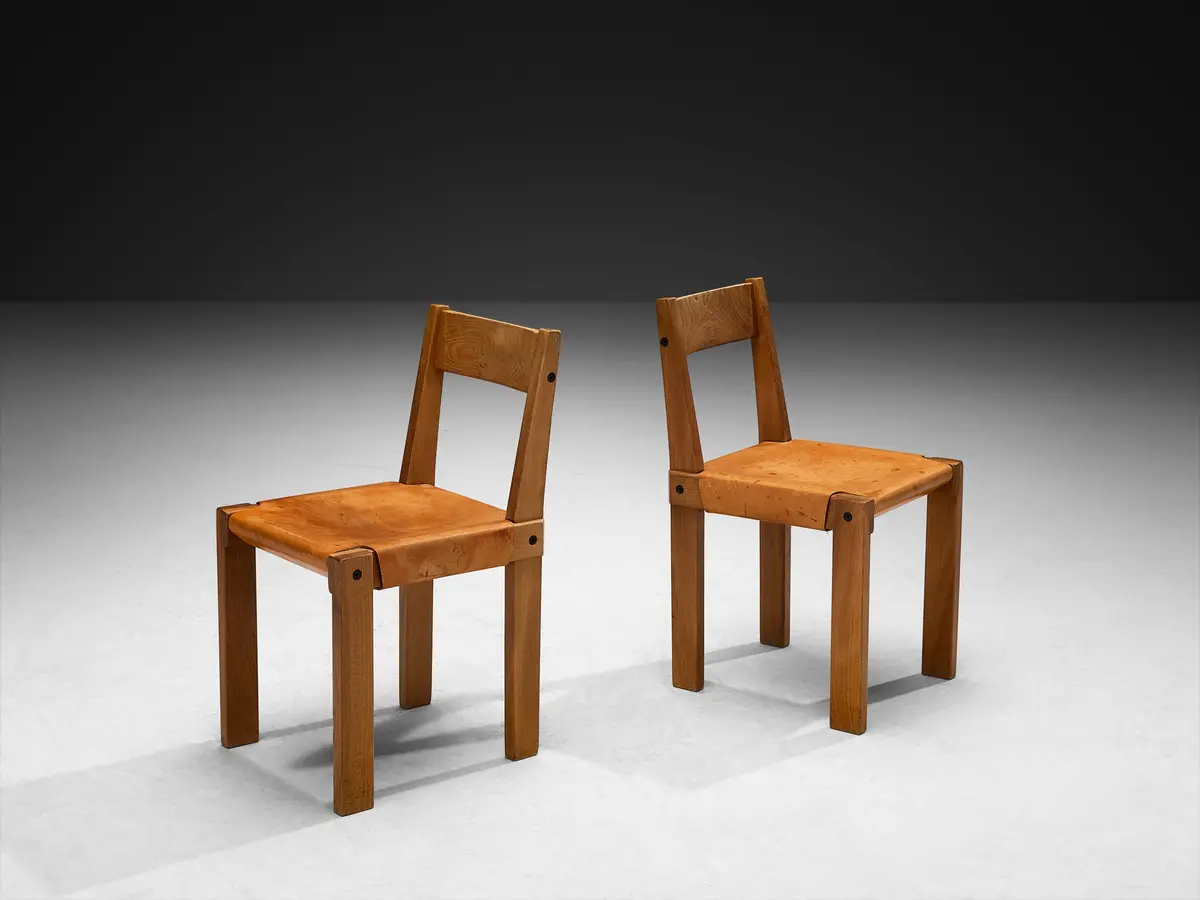 Pierre Chapo Pair Of 'S24' Dining Chairs In Cognac Leather And Elm 1