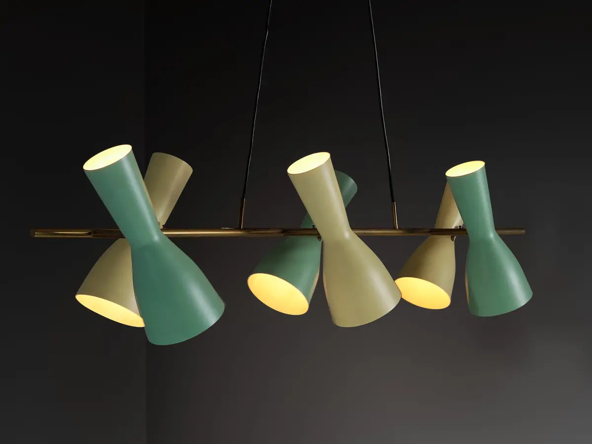 Rare Stilnovo Large Chandelier In Brass With Mint Green And Pastel Yellow Shades 1