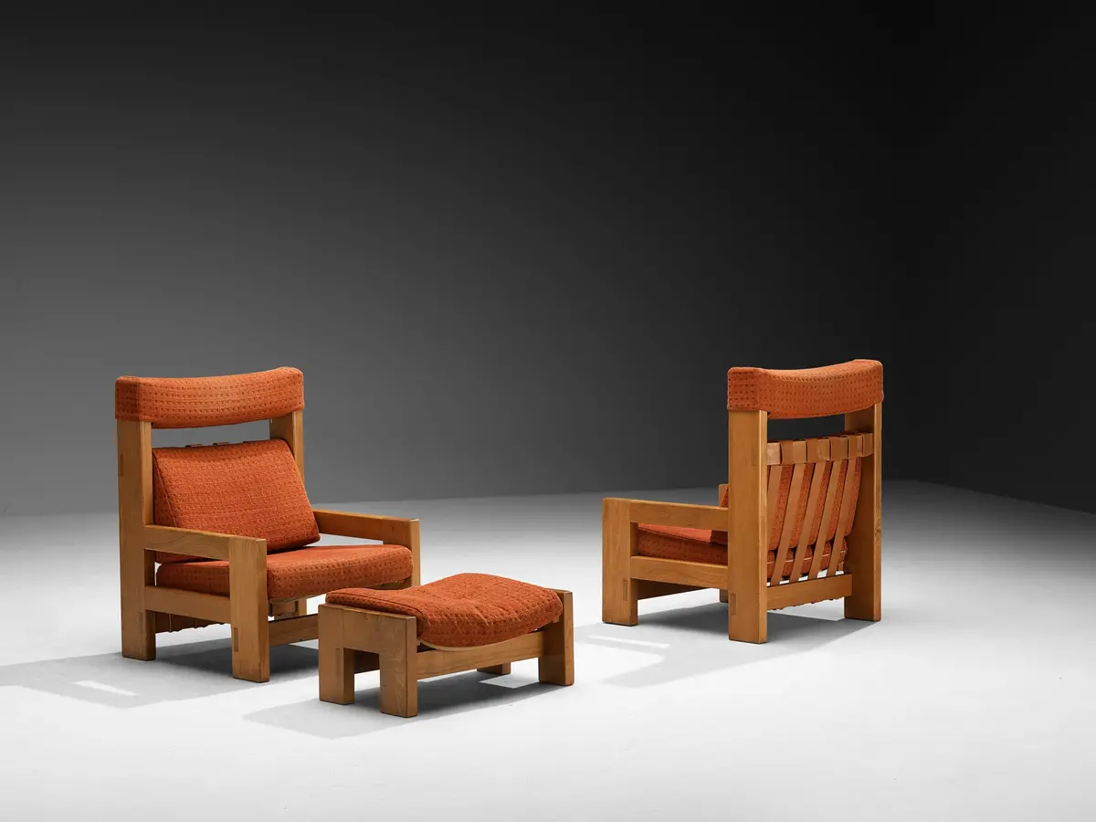 Pair Of Mid-Century Modern French Lounge Chairs And Ottoman In Solid Elm 1
