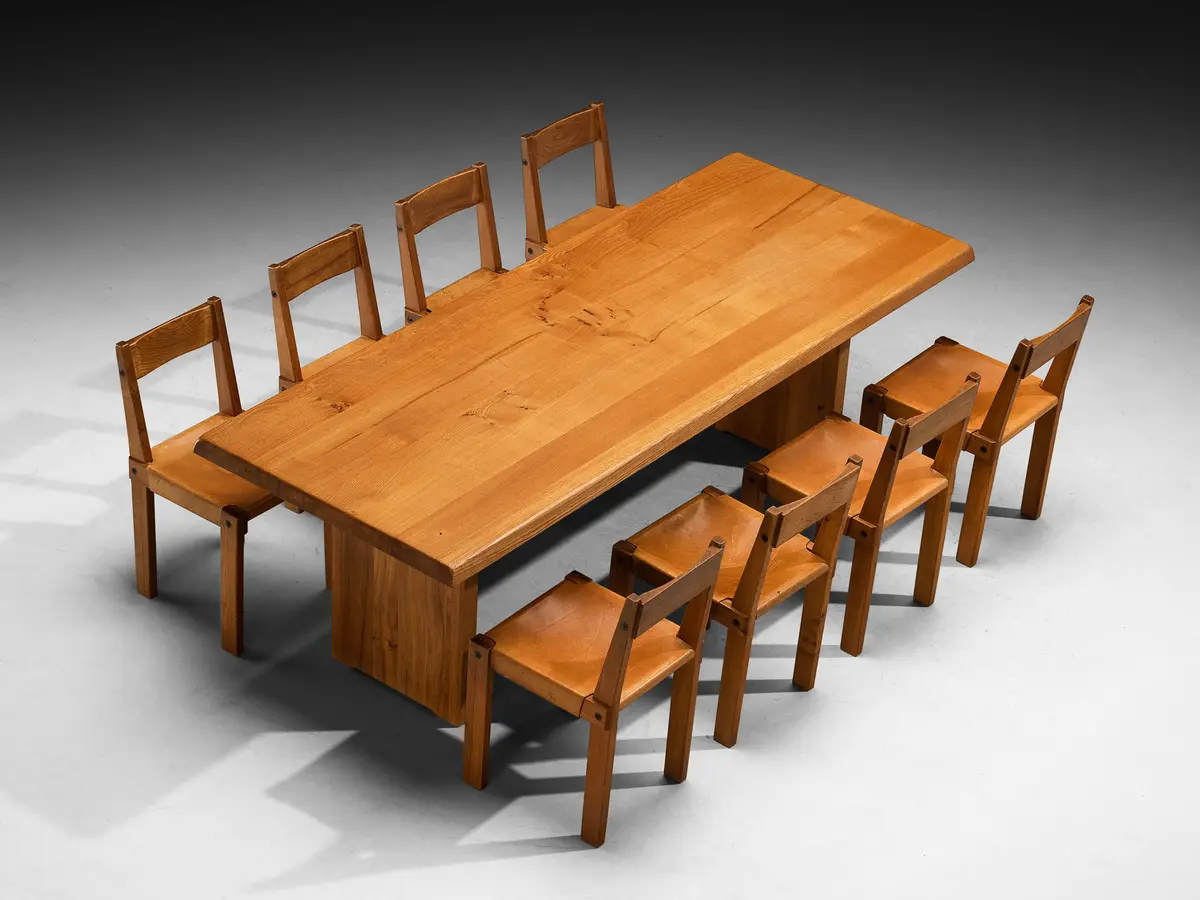 Pierre Chapo Dining Set With 'T14d' Table And 'S24' Chairs In Elm And Leather 1