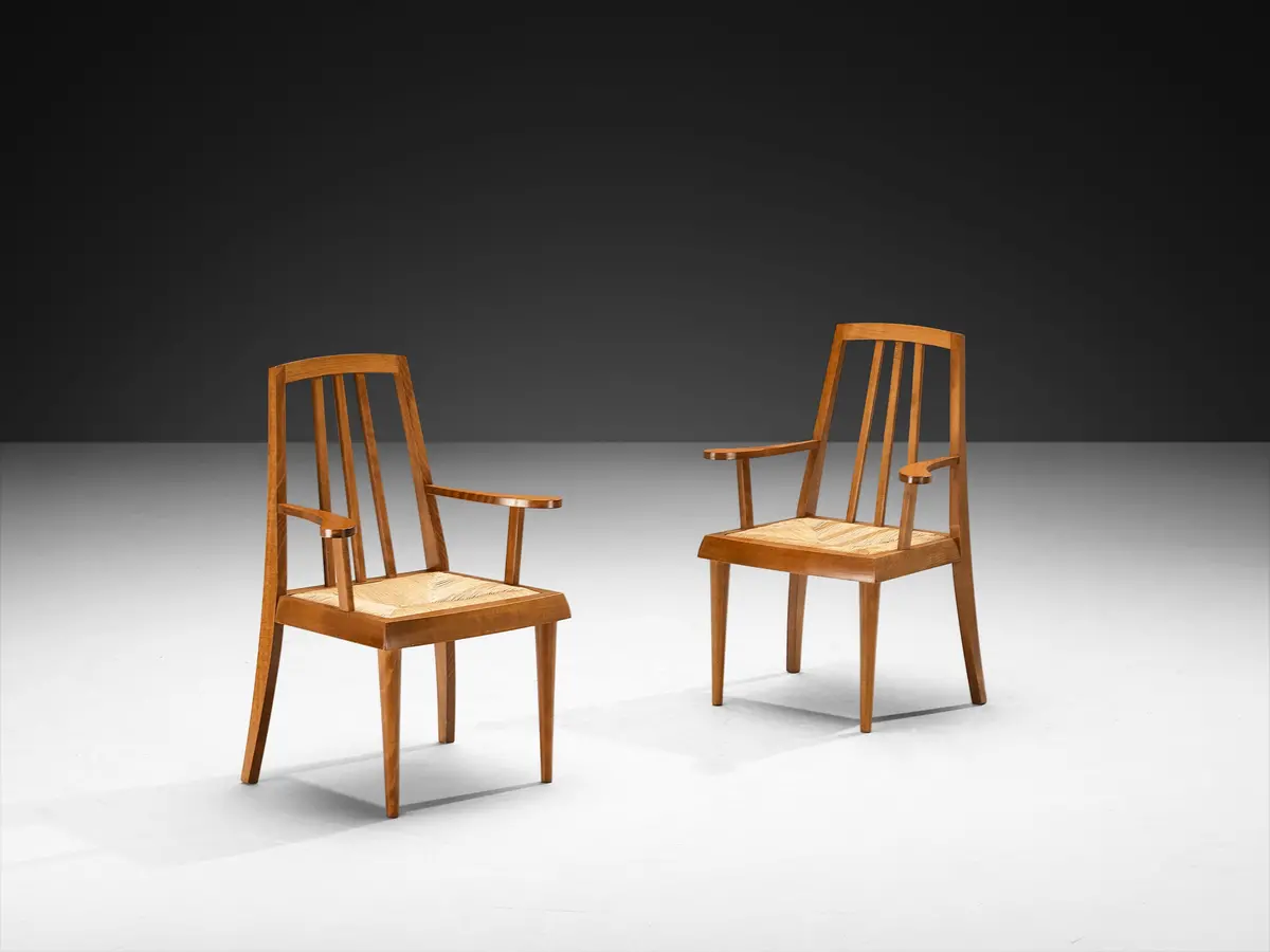 Pair Of Mid-Century Modern French Armchairs In Warm Wood And Rush 1