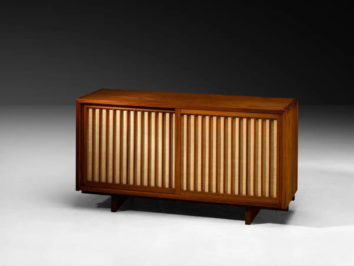 George Nakashima Double Sliding-Door Cabinet In Walnut And Pandanus Cloth 1