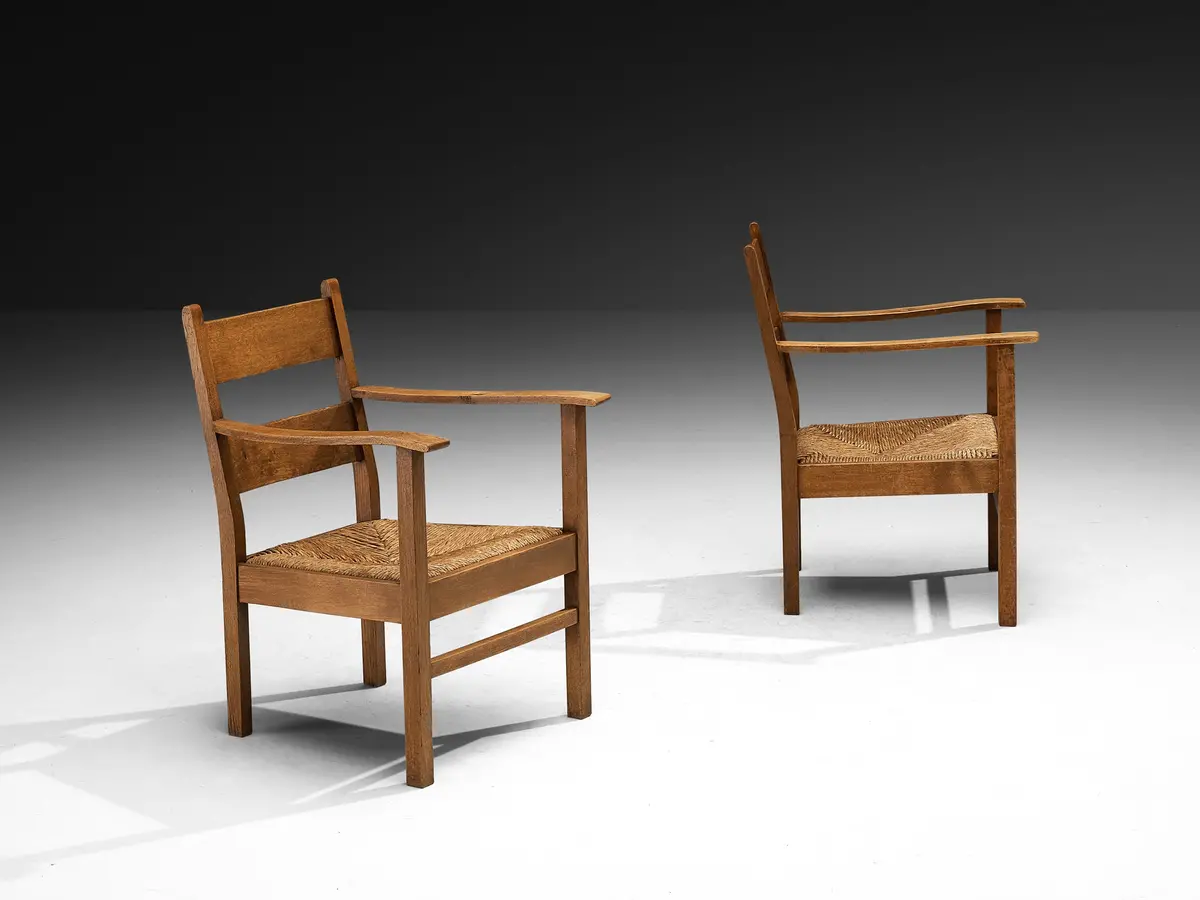 Pair Of Dutch Rustic Armchairs In Solid Oak And Straw 1
