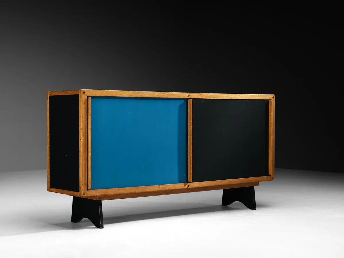 André Sornay Rare Sideboard With Double-Sliding Doors In Blue And Black 1