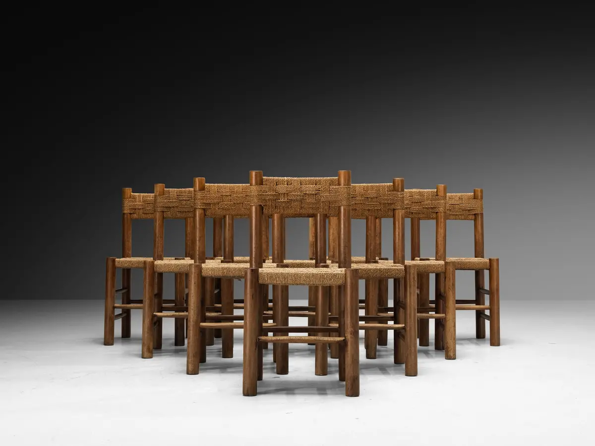 French Mid-Century Rustic Modern Dining Chairs In Wood And Rush 1