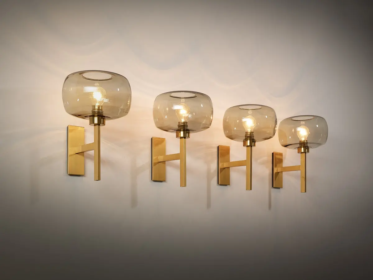 Holger Johansson For Westal Set Of Four Wall Lights In Brass And Smoked Glass 1