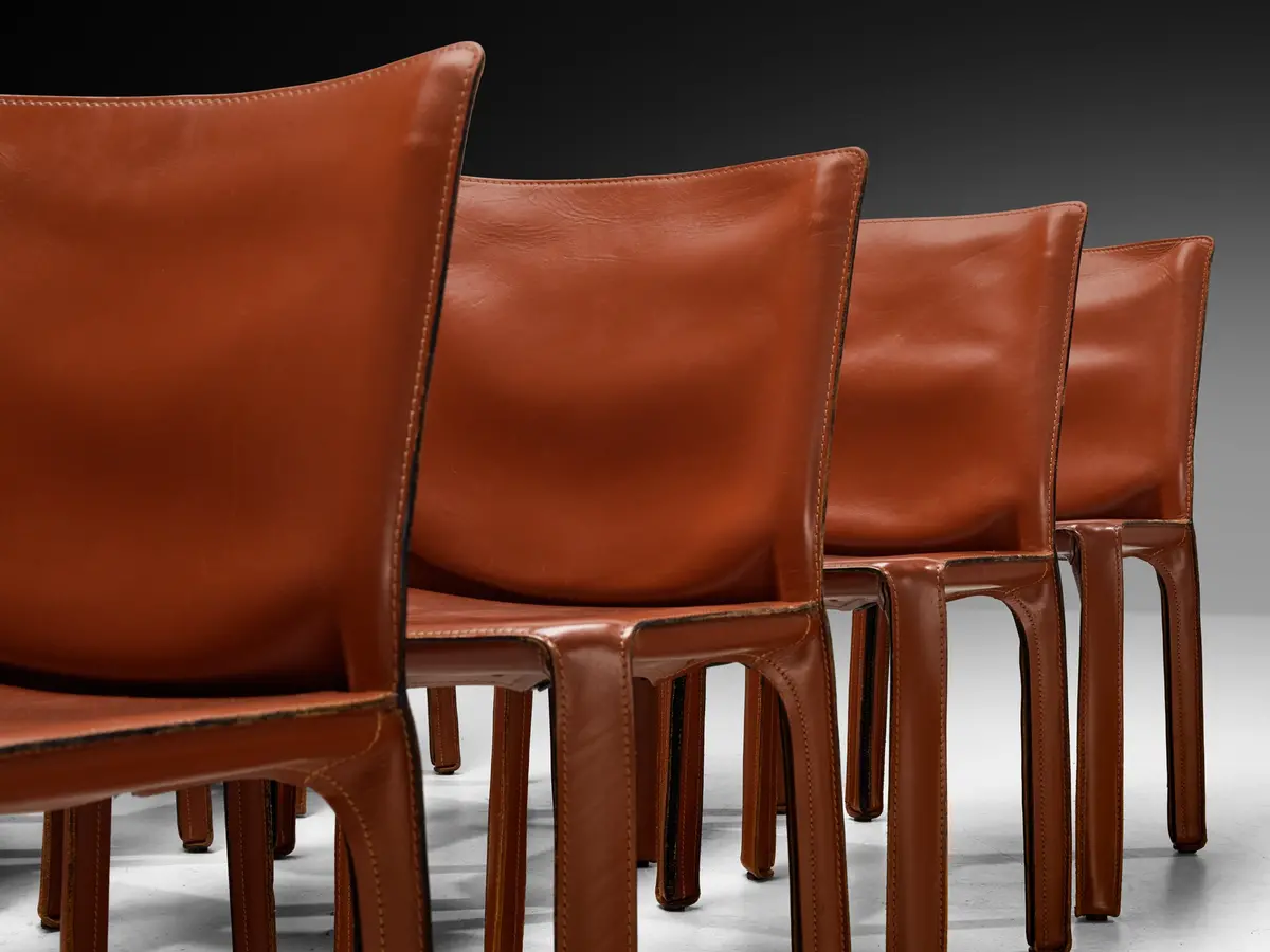 Mario Bellini For Cassina Set Of Sixteen 'Cab' Dining Chairs In Red Brown Leather 1