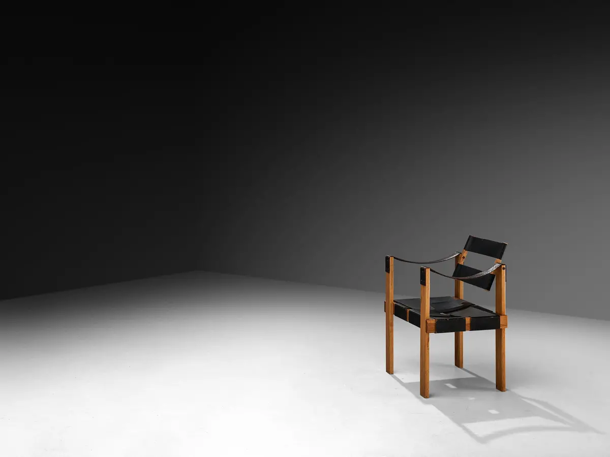 Brutalist Armchair In Leather And Walnut 1
