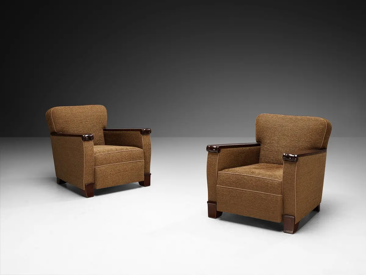 Pair Of French Mid-Century Lounge Chairs In Mahogany And Mocha Upholstery 1