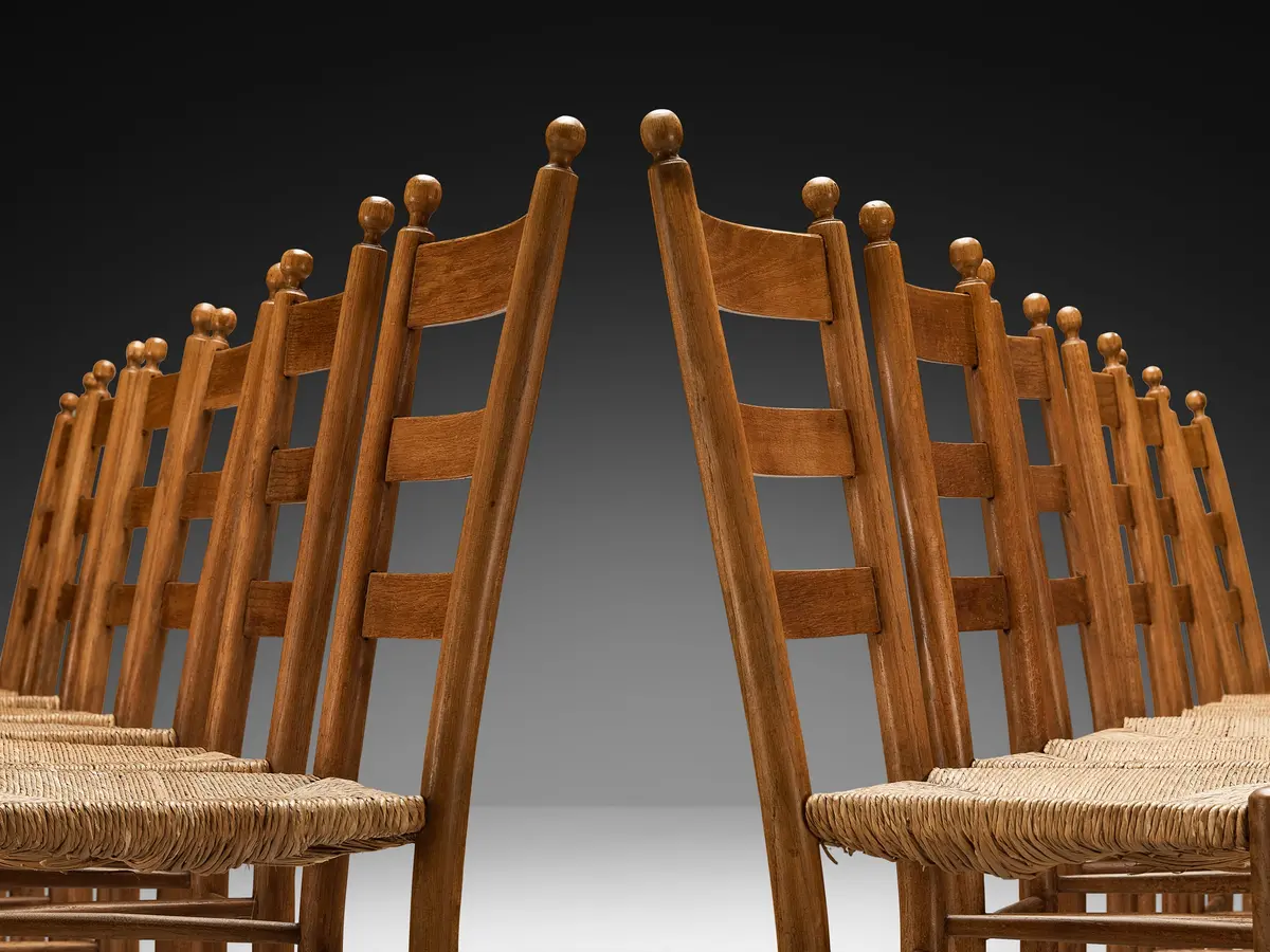 Rustic Set Of Twelve Dining Chairs In Solid Oak And Straw 1