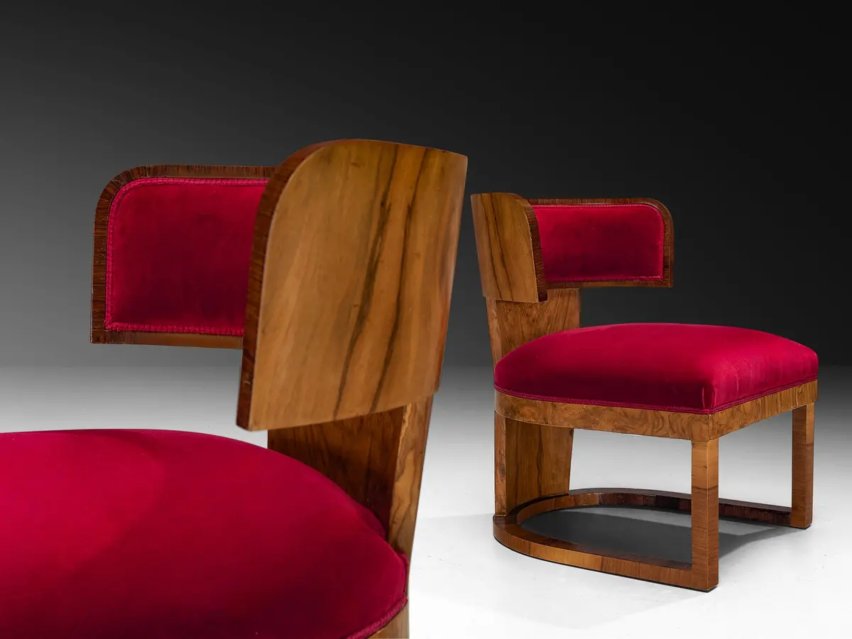 Ernesto Lapadula Pair Of Lounge Chairs In Walnut Burl And Red Velvet Upholstery 1