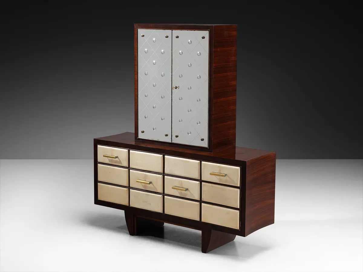 Osvaldo Borsani For Abv Cabinet In Wood, Parchment With Mirrored Doors 1