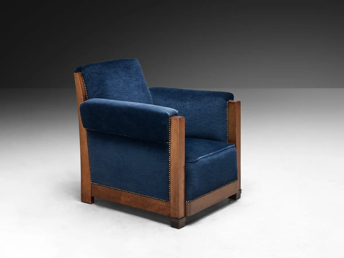 Art Deco Club Chair In Walnut And Blue Velvet 1