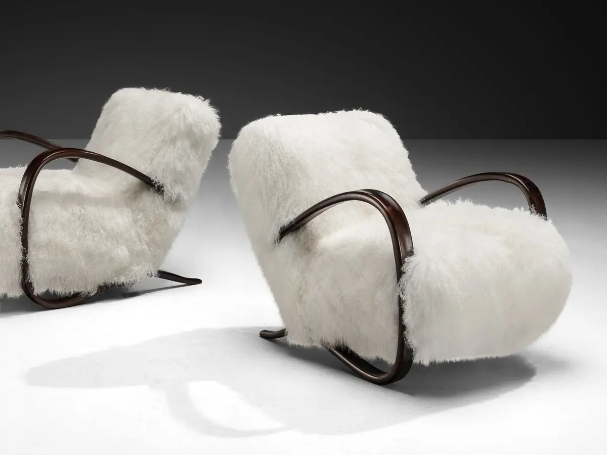 Jindrich Halabala Lounge Chairs In White Tibetan Lambswool 1