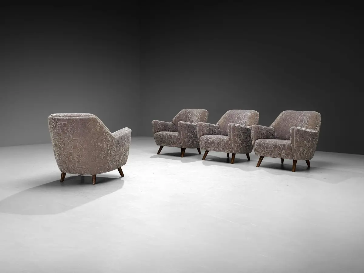 Set Of Four 1950S Armchairs In Grey Geometric Velvet With Wooden Legs 1