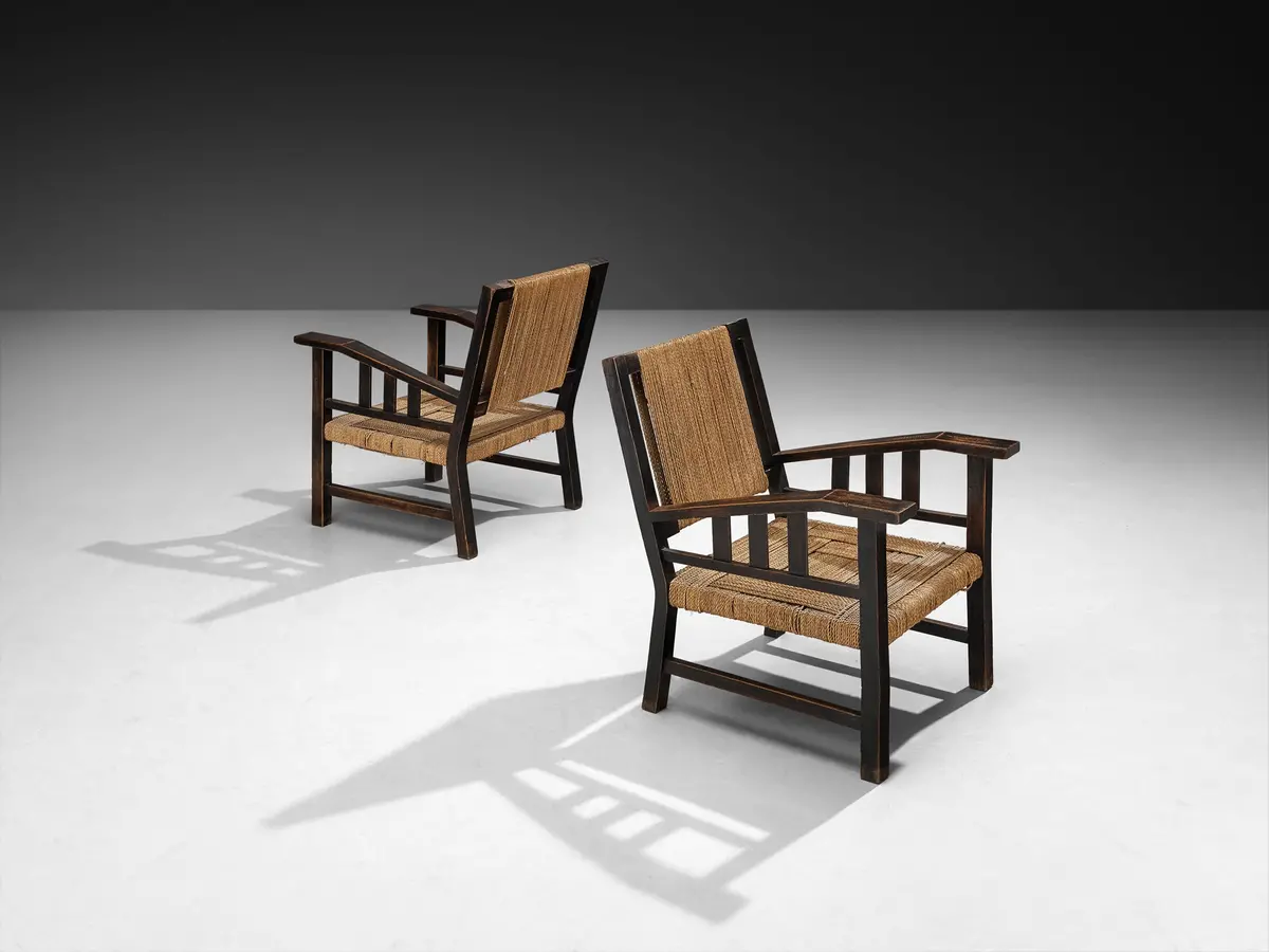 Francis Jourdain Lounge Chairs In Woven Rush And Wood 1