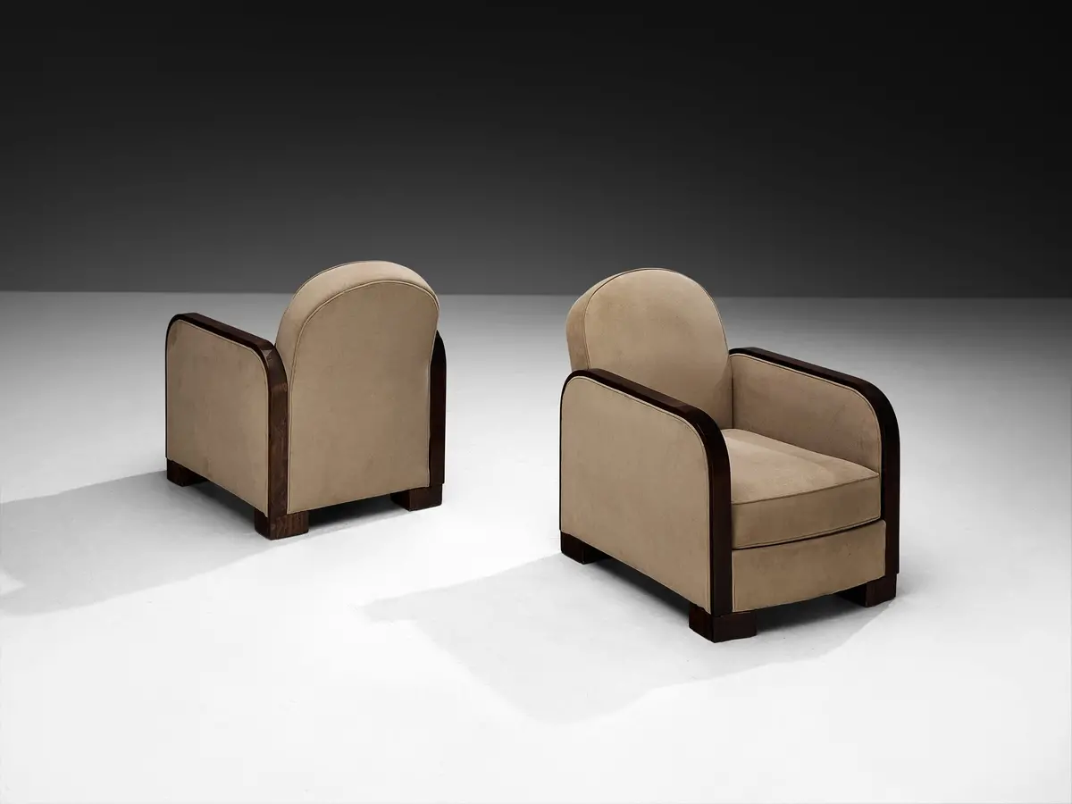 1930S Pair Of French Art Deco Lounge Chairs In Light Creme Fabric And Wood 1