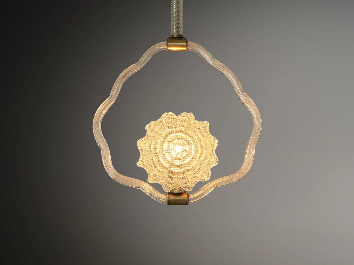 1940S Italian Art Deco Pendant Lamp With Sun Motif Centre In Glass And Brass 1