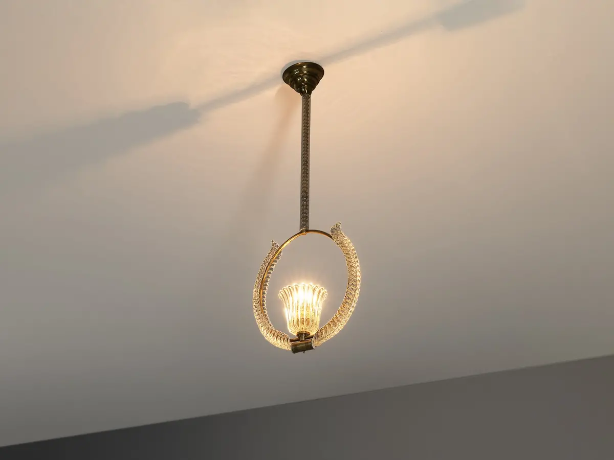 1940S Italian Art Deco Pendant Lamp With Chalice-Shaped Centre In Glass And Brass 1
