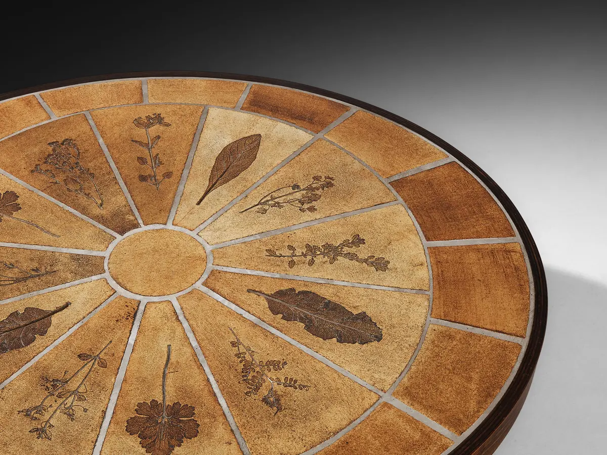 Roger Capron Round Coffee Table With Floral Imprints In Ceramic And Wood 1
