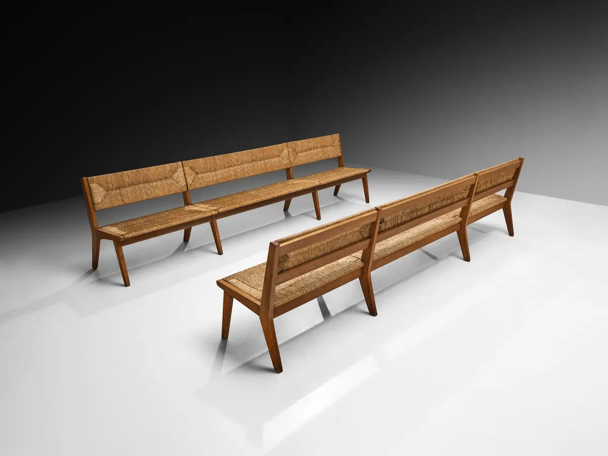 Mid-Century Long Benches In Oak And Straw 1