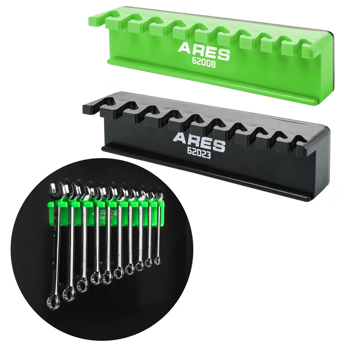 Ares 62058 - 2-Pack 10-Slot Green And Black Magnetic Wrench Organizer Set 1