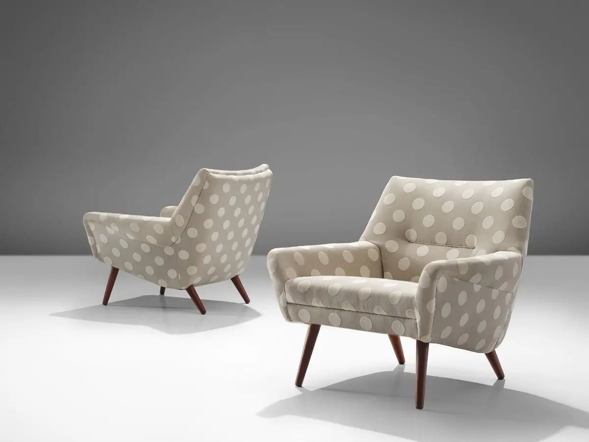 Danish Pair Of Easy Chairs In Grey And White Polkadot Upholstery 1