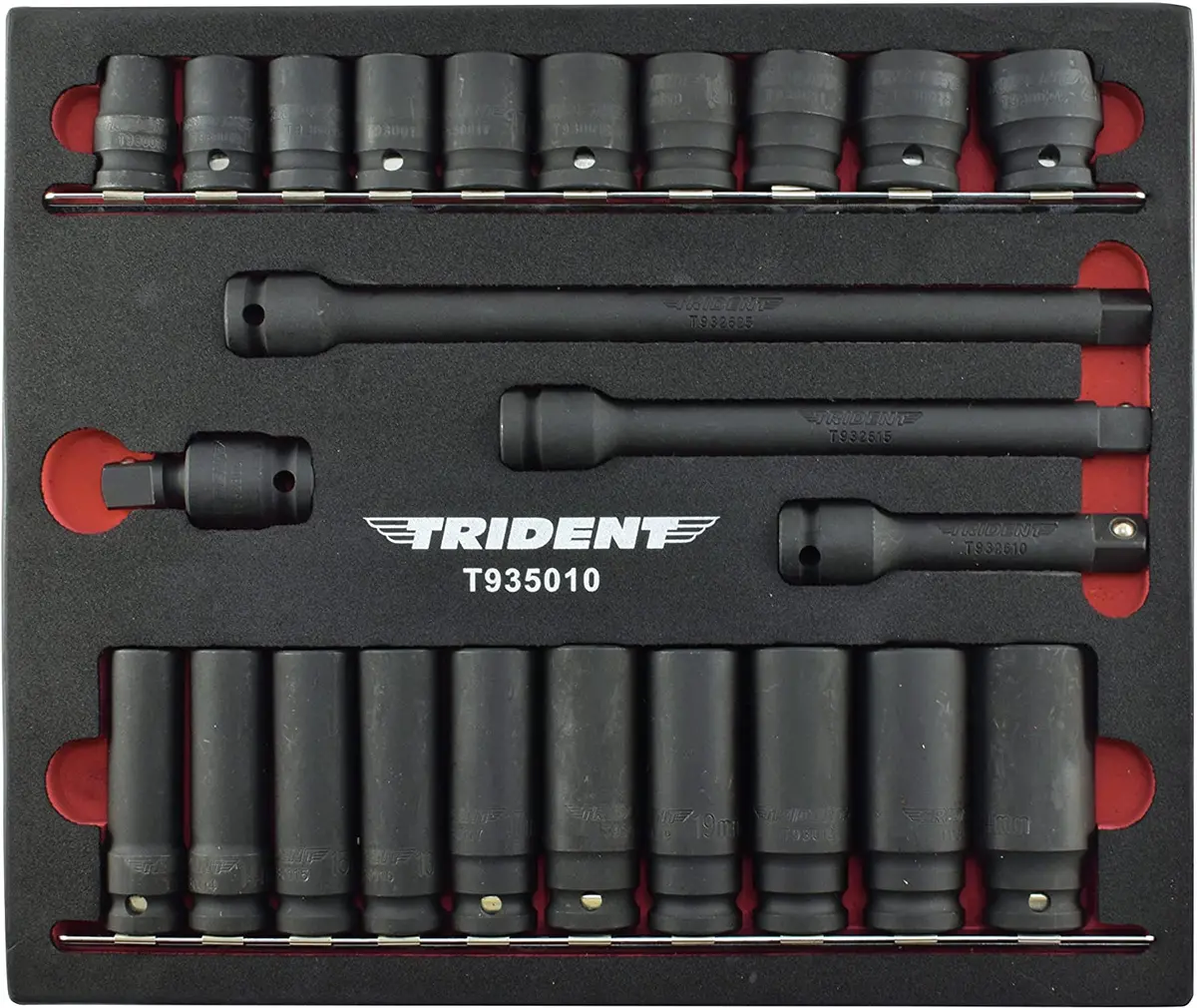 Trident 1/2" Drive 6 Point Short +Deep Impact Sockets 13-24Mm 24 Piece Set In Foam Tray T935010 1