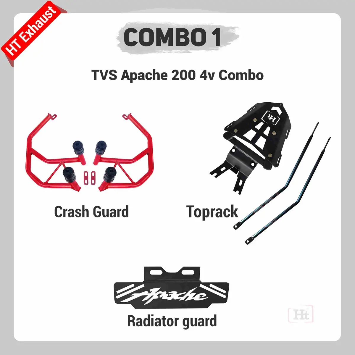 Combo 1 Apache 200 4V Crash Guard + Top Rack + Radiator Guard – Ht Exhaust 1