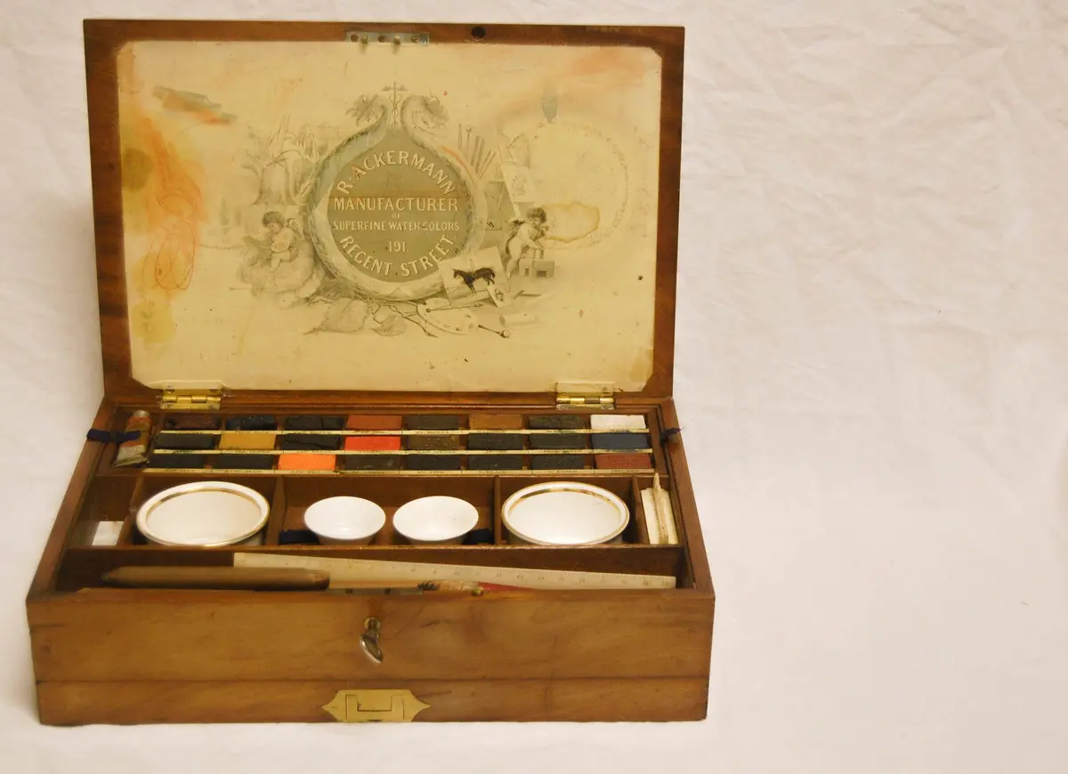Victorian Rudolph Ackermann Mahogany And Brass Artist's Box With Original Watercolours And Contents 1