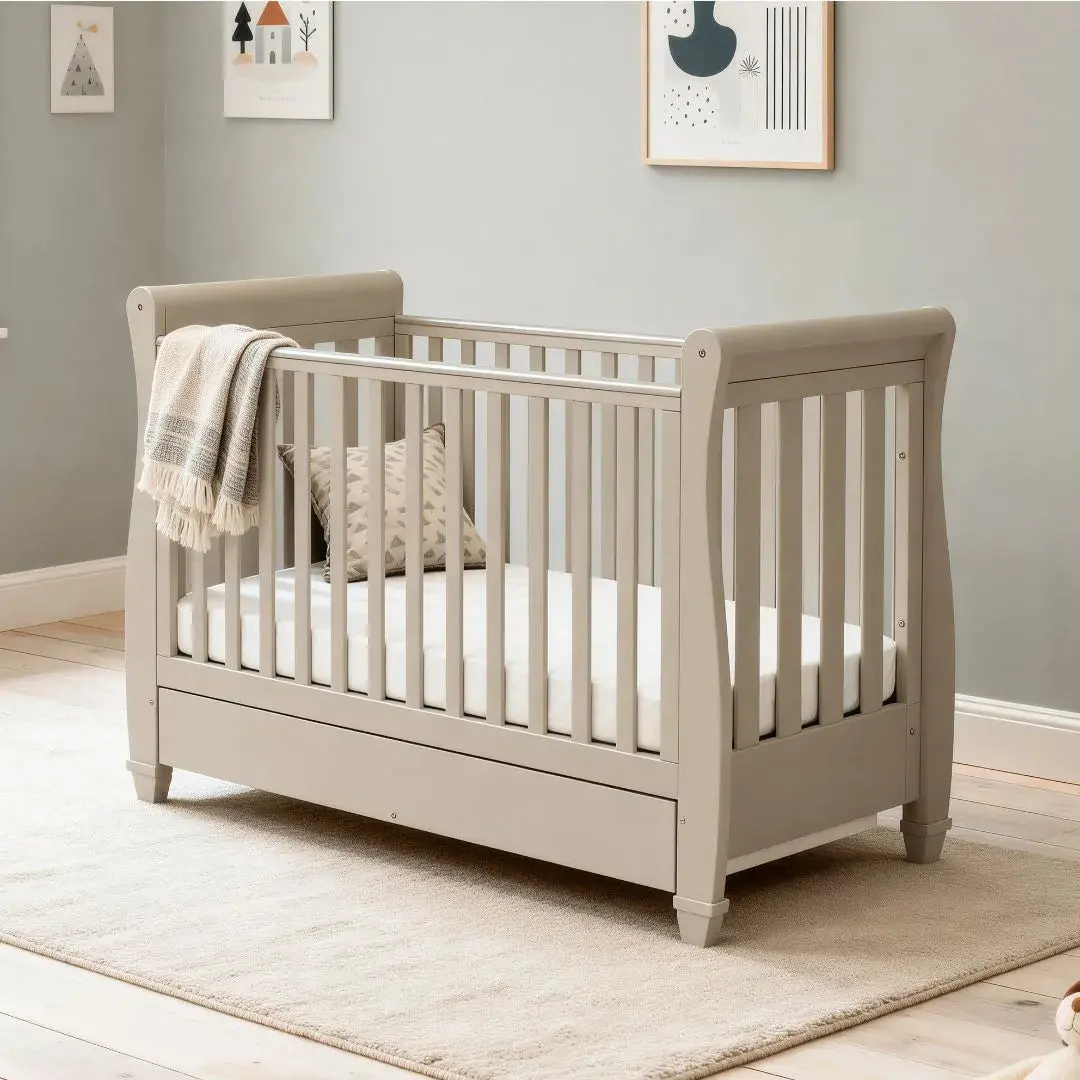 Babymore Eva Sleigh Cot Bed With Drawer - Cashmere 1