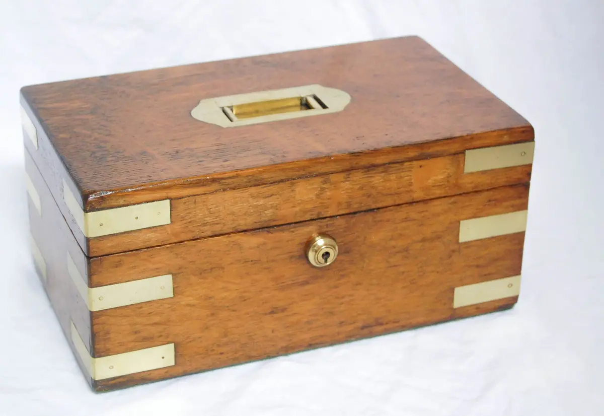 Oak And Brass Two Sectioned Military Campaign Box With Original Bramah Lock & Key 1