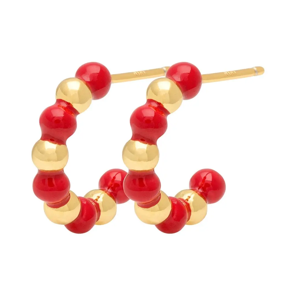 Color Ball Beads Hoops Pair - Gold Plated/Passion Red 1