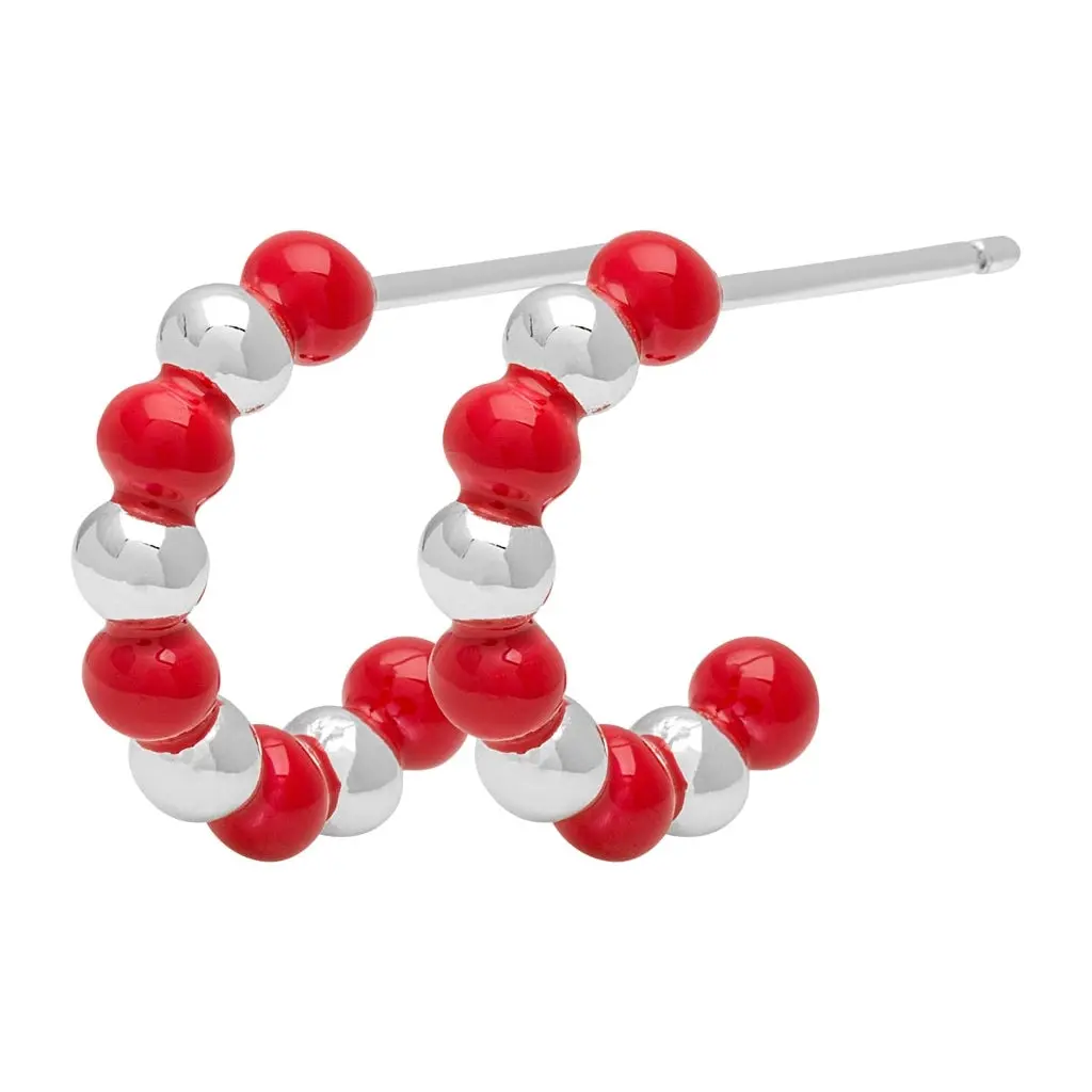 Color Ball Beads Hoops Pair - Silver Plated/Passion Red 1