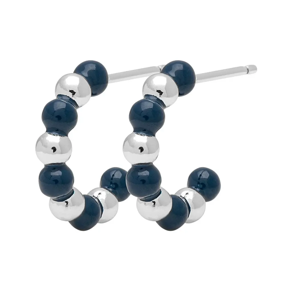 Color Ball Beads Hoops Pair - Silver Plated/Retro Dark Blue 1