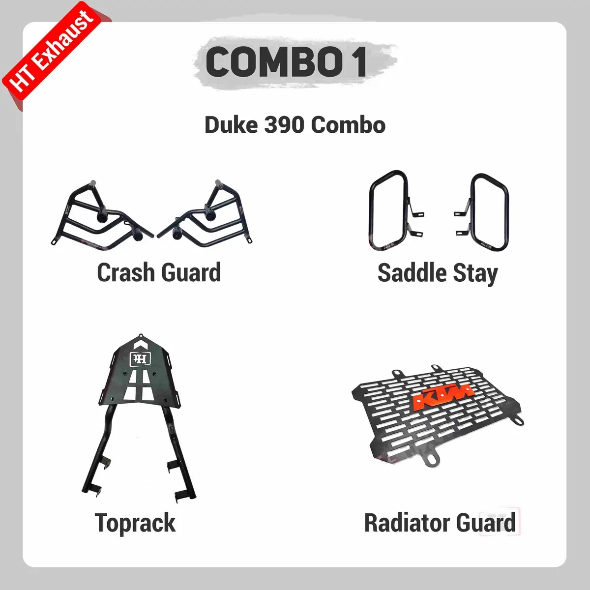 Combo 1 Duke 390 Bs6 Crash Guard + Saddle Stay + Top Rack + Radiator Guard – Ht Exhaust 1