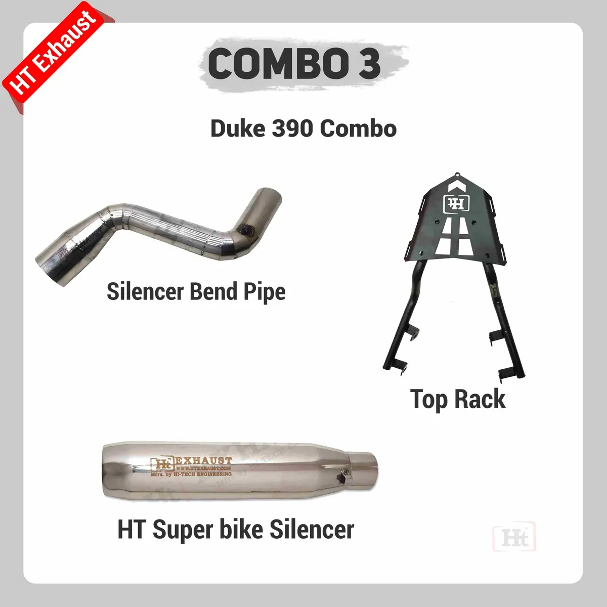 Combo 3 Duke 390 Bs6 Silencer Bend Pipe + Top Rack + Ht Super Bike Silencer – Ht Exhaust 1