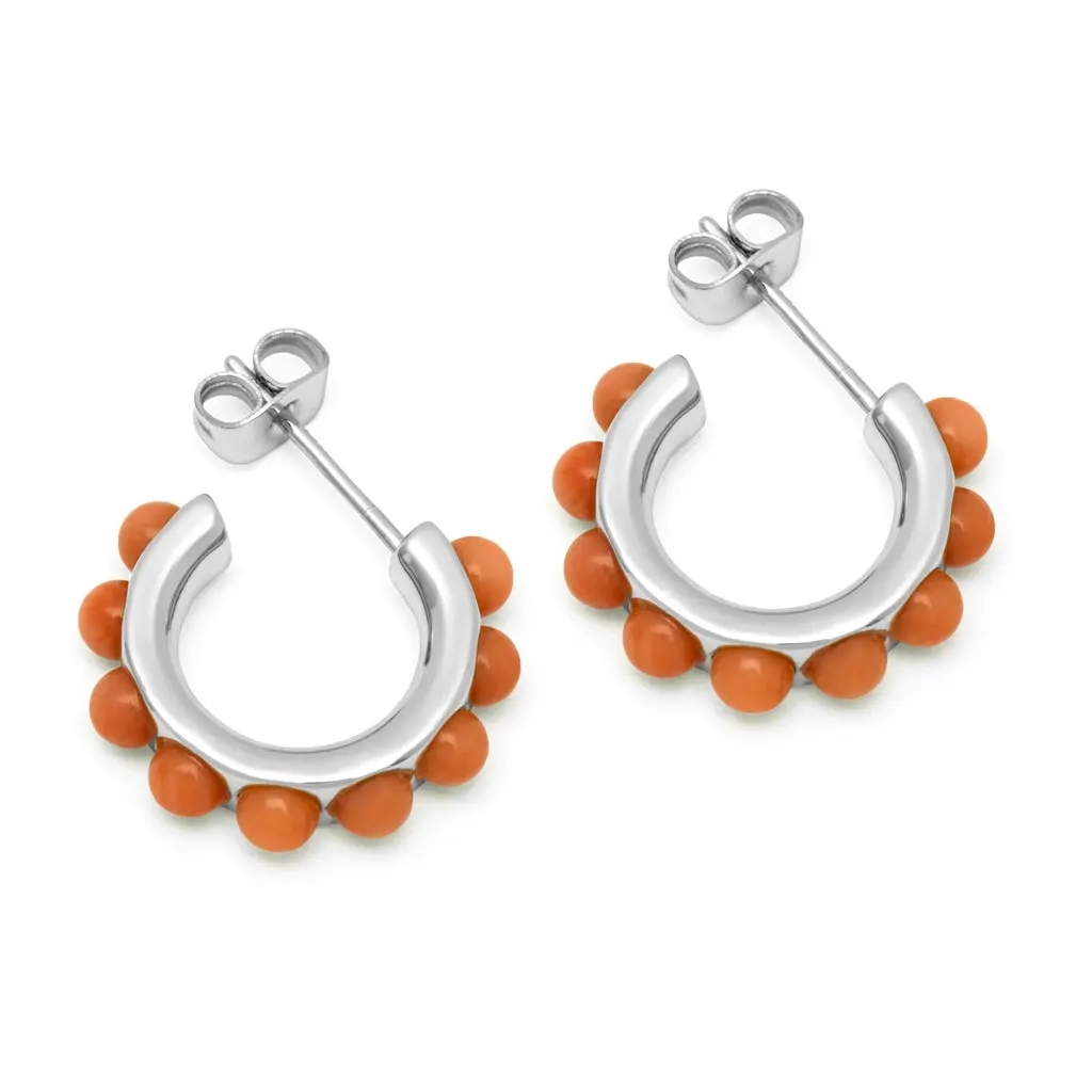 Flower Hoops Stone Pair Silver Plated - Coral 1