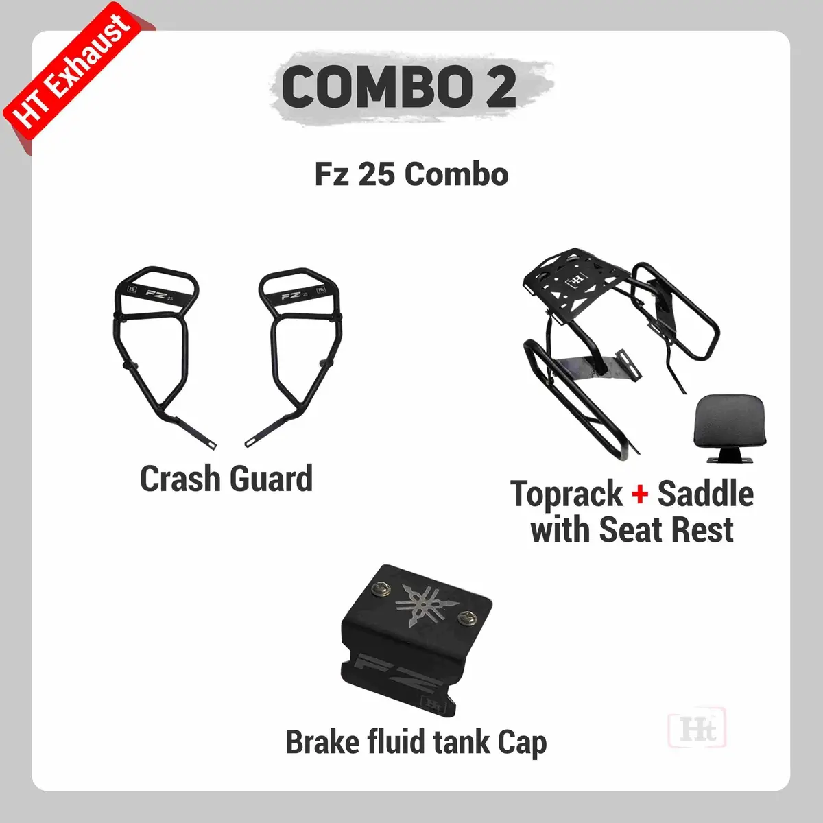 Combo 2 Fz 25 Crash Guard + Top Rack + Saddle Stay With Seat Rest + Brake Fluid Tank Cap – Ht Exhaust 1