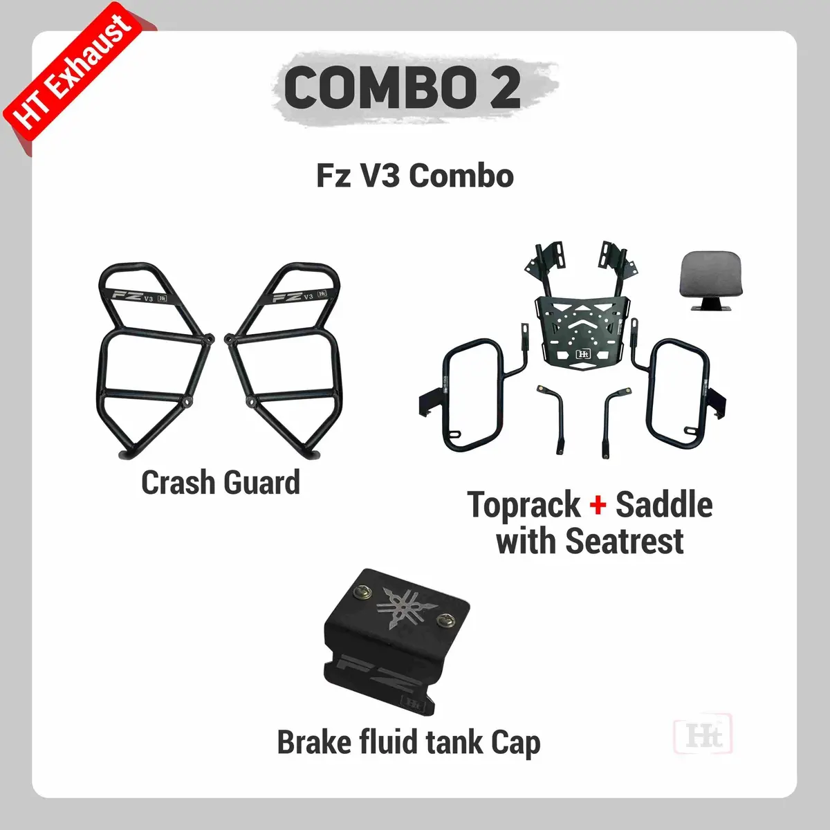 Combo 2 Fz V3 Crash Guard + Crash Guard + Top Rack + Saddle Stay With Seat Rest + Brake Fluid Tank Cap – Ht Exhaust 1