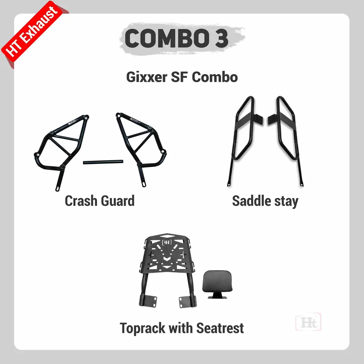 Combo 3 Gixxer Sf 250 – Ht Exhaust Crash Guard + Saddle Stay + Top Rack With Seat Rest 1