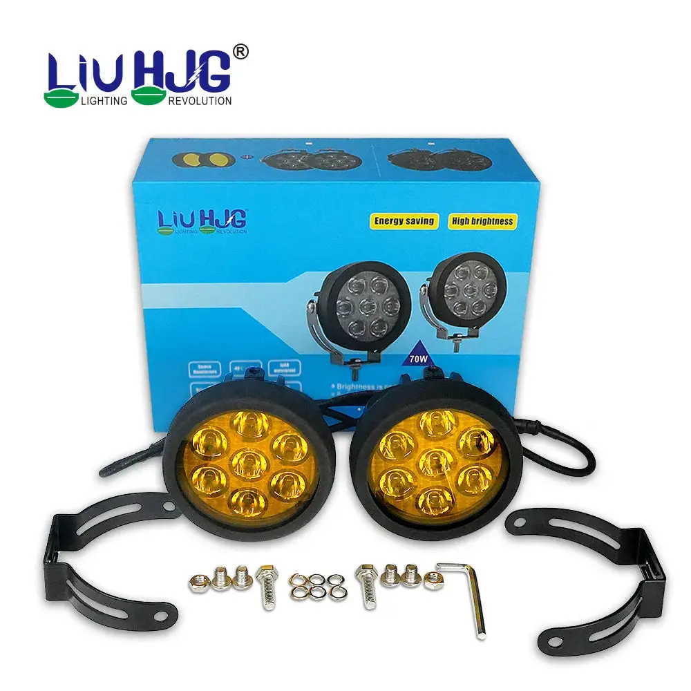 Hjg 7 Led Round White Fog Light With Yellow Cap (70W) With Wiring Kit Harness And Switch Spot Driving Lamp Universal For Car, Bike And Motorcycle (Set Of 2) - Premium 1